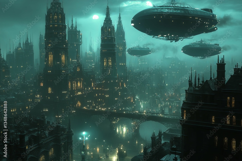 Dark city landscape featuring a river bridge and airships in the sky Dark city landscape featuring a river bridge and airships in the sky