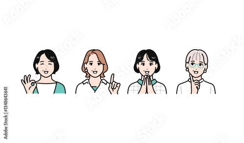 喜ぶミドル女性4人のシンプルなベクターイラストセット