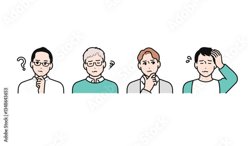 悩むミドル男性4人のシンプルなベクターイラストセット