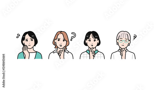 悩むミドル女性4人のシンプルなベクターイラストセット