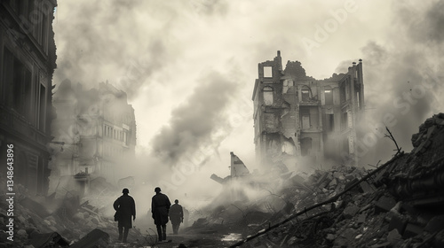  Historical black-and-white photograph of WW II soldiers among city ruins