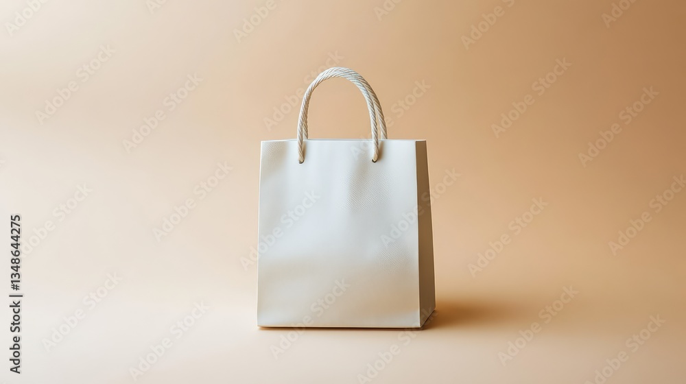 A plain white shopping bag with rope handles, standing upright on a soft-colored background, great for branding and retail concepts. A plain white shopping bag with rope handles, standing upright on a soft-colored background, great for branding and retail concepts.