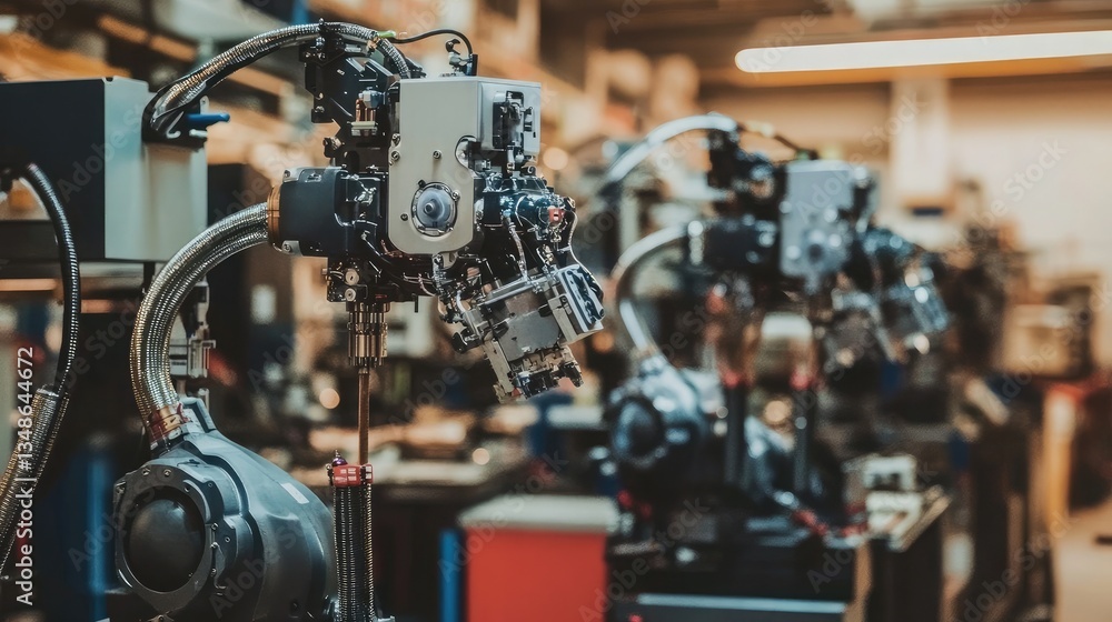 Fototapeta premium An industrial robotics lab with high-tech automated machinery and AI systems.