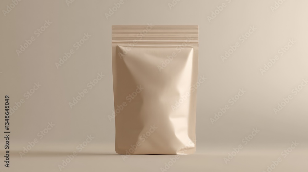A simple beige pouch with a resealable zip closure, standing upright on a smooth, neutral background, ideal for food or coffee branding. A simple beige pouch with a resealable zip closure, standing upright on a smooth, neutral background, ideal for food or coffee branding.