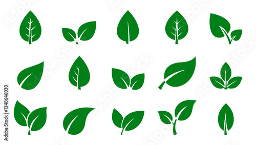 Green leaf icons. Can be used for plant, nature, health and energy concepts. Presented on a white background.