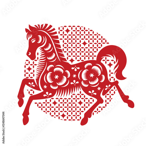 Red horse china zodiac paper cut in circle with wink light texture vector design