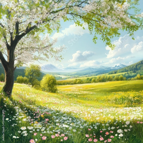 Springtime rural landscape with blooming wildflowers and fresh greenery