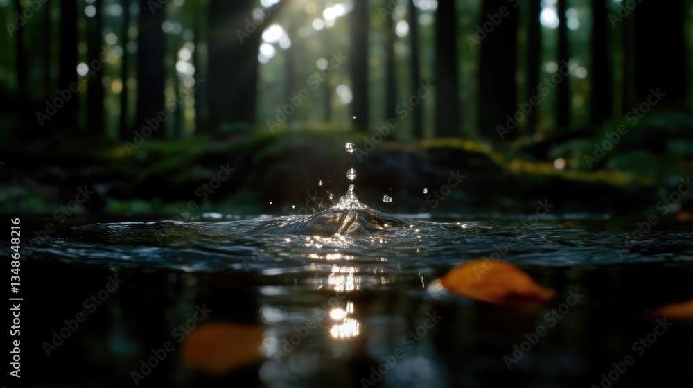 Fototapeta premium Water droplet splash in forest. Sunlight sparkles on the rippling water. Fallen leaves on the surface