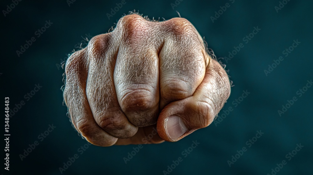 Strong clenched fist with intense lighting symbolizing power determination and resilience against a dark moody background for motivational strength concept Strong clenched fist with intense lighting symbolizing power determination and resilience against a dark moody background for motivational strength concept