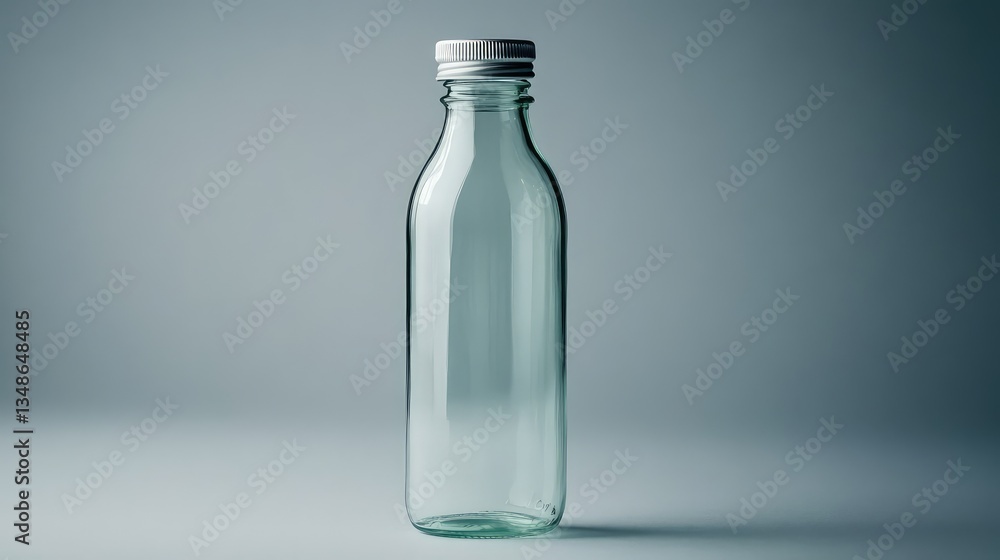 A transparent empty bottle with a silver cap, placed on a smooth gray background, ideal for product photography. A transparent empty bottle with a silver cap, placed on a smooth gray background, ideal for product photography.