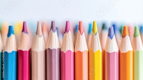 Colorful pencils in a row.  Close-up view of sharpened colored pencil tips