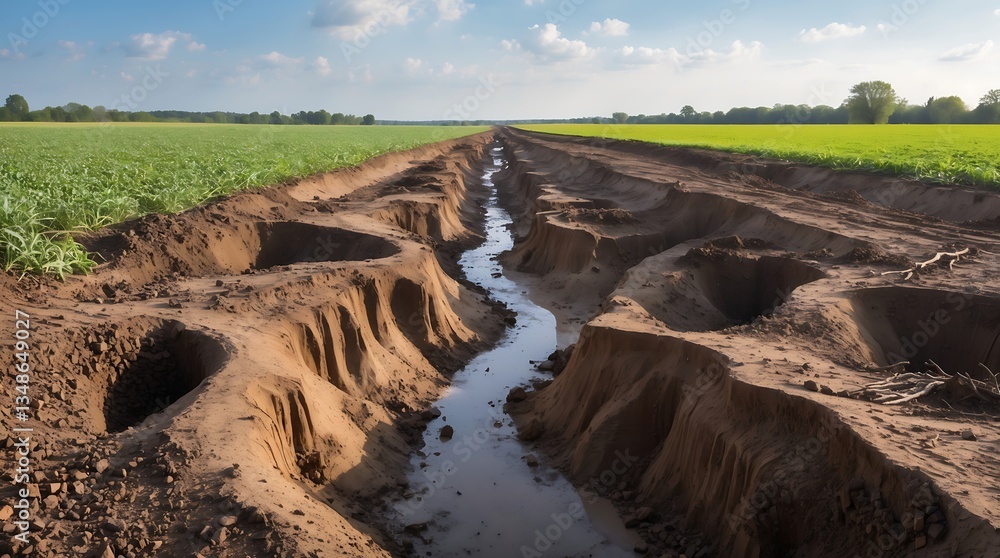 Fototapeta premium Soil erosion gullies created by climate change impact on agricultural land