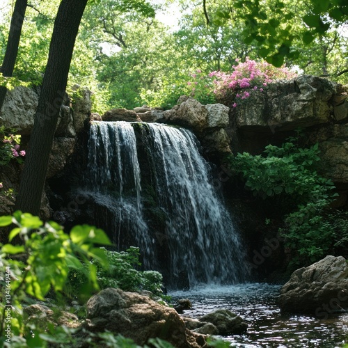 Springtime waterfall surrounded by lush, green foliage and blooming plants 
