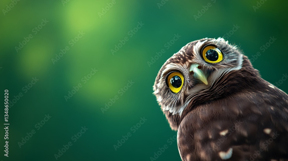 Obraz premium Brown owl with yellow eyes is staring at the camera. The owl is perched on a branch and he is curious about the photographer