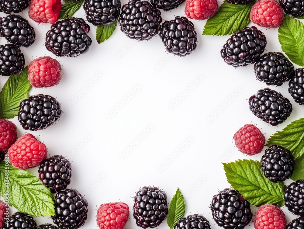 Fresh blackberries and raspberries arranged with green leaves, forming a frame on white background Fresh blackberries and raspberries arranged with green leaves, forming a frame on white background
