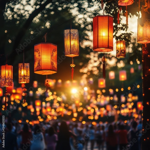 Summer festival with vibrant lanterns and joyful celebrations under the sun