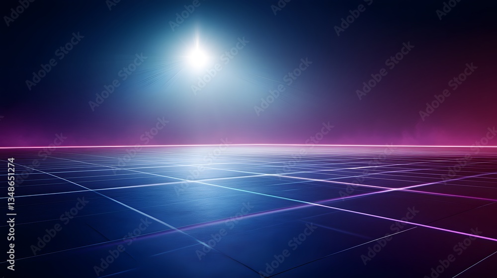 A futuristic grid landscape illuminated by a bright overhead light source A futuristic grid landscape illuminated by a bright overhead light source