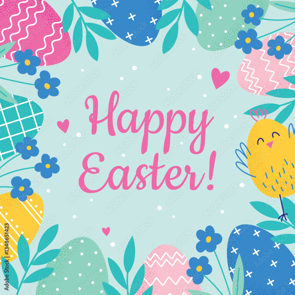 Happy Easter postcard with Easter eggs and cute smiling chick. Postcard with botanical decor for Easter Day. Vector spring holiday design Happy Easter postcard with Easter eggs and cute smiling chick. Postcard with botanical decor for Easter Day. Vector spring holiday design
