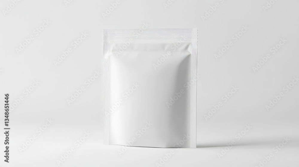 A white rectangular pouch with a matte finish, standing upright on a plain white background, perfect for branding designs. A white rectangular pouch with a matte finish, standing upright on a plain white background, perfect for branding designs.