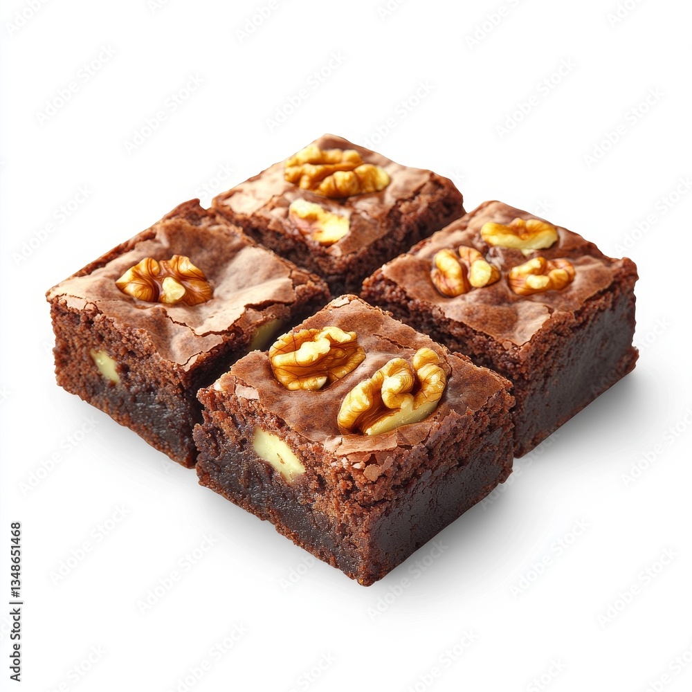 Four squares of decadent brownies topped with walnuts Four squares of decadent brownies topped with walnuts