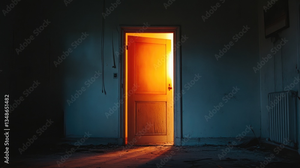 A mysterious glowing doorway in an old, abandoned house with eerie shadows inside. A mysterious glowing doorway in an old, abandoned house with eerie shadows inside.