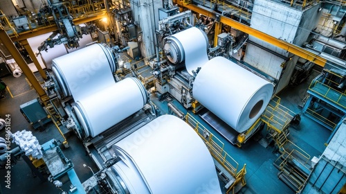 A paper mill with giant rolls of paper being processed by industrial machines.