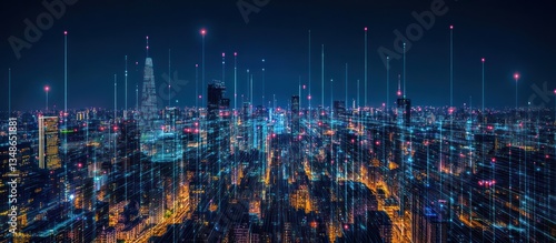Digital network connects a futuristic city at nighttime from above