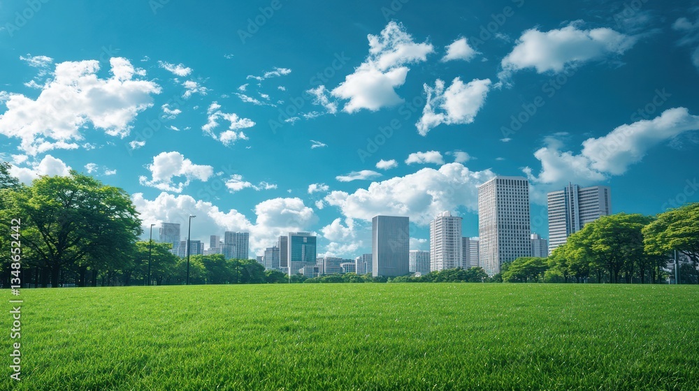 City park grassy field, bright sunny day, urban backdrop City park grassy field, bright sunny day, urban backdrop