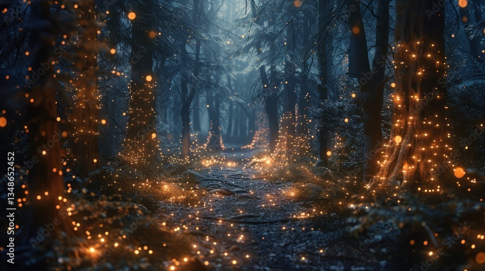 Magical winter forest path lit by fairy lights Magical winter forest path lit by fairy lights