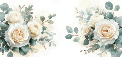 Fototapeta Naklejka Na Ścianę i Meble -  Watercolor Floral Collection White Roses Eucalyptus Leaves Botanical Illustration Bouquet Frame Border Wreath Wedding Invitations Wallpapers Fashion
