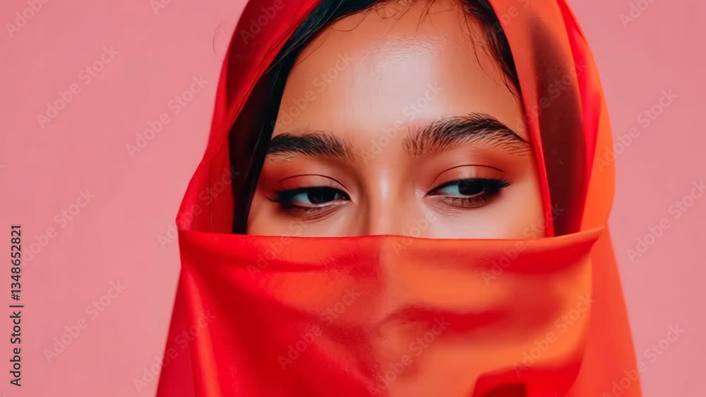 A woman wearing a red scarf is looking at the camera A woman wearing a red scarf is looking at the camera
