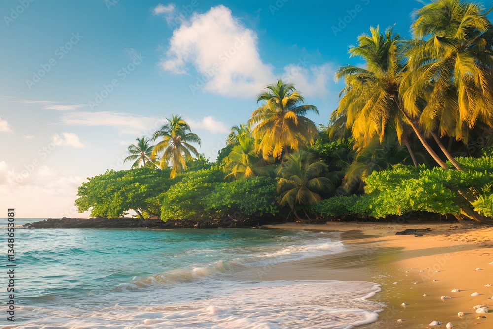 Obraz premium Tropical Beach with Palm Trees and Clear Ocean Water