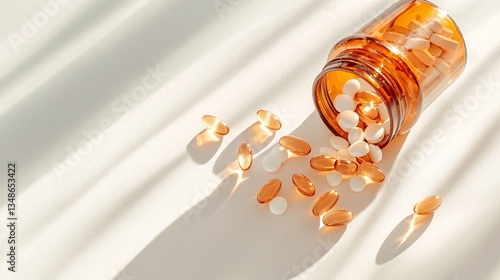 take drug or vitamin concept. Colorful Pills and Capsules Spilled from Bottle