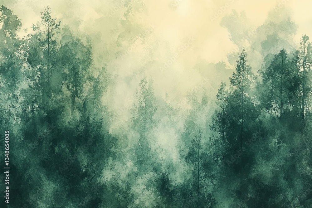 Obraz premium Trees Silhouetted By A Misty Yellow And Green Atmosphere