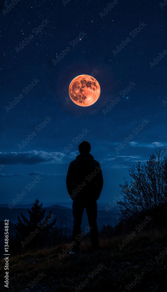 Fototapeta premium Person gazing at a large red moon against a starry night sky 