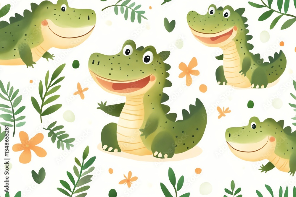 Fototapeta premium Cute Cartoon Alligator Seamless Pattern Featuring Smiling Reptiles and Floral Elements