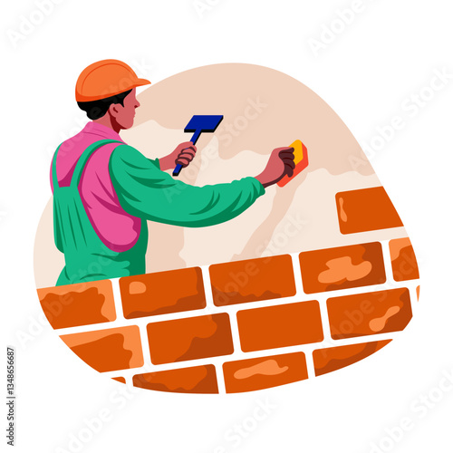 A flat style illustration of a bricklayer making a wall 