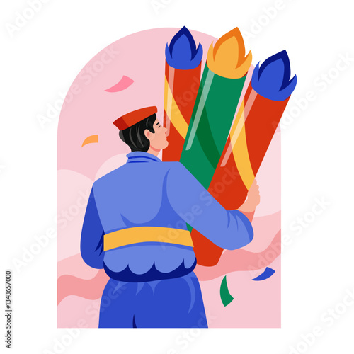 A flat style illustration of celebrating character holding fireworks