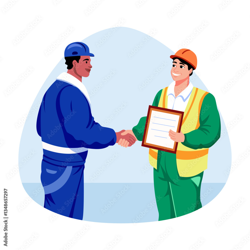 A flat style illustration of a character achieving labour certificate A flat style illustration of a character achieving labour certificate
