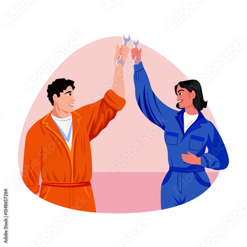 A flat style illustration of two mechanics holding wrench in hands 