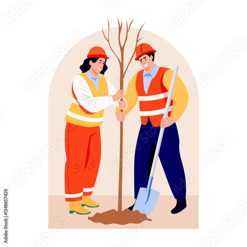 Flat illustration of two workers plating a tree in ground