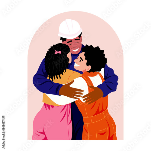 A flat style illustration depicting a worker family hug 