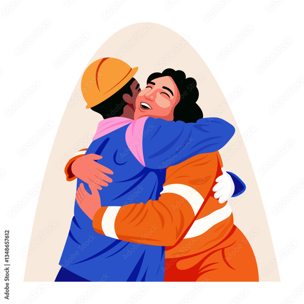 Happy workers hugging each other, flat style illustration Happy workers hugging each other, flat style illustration