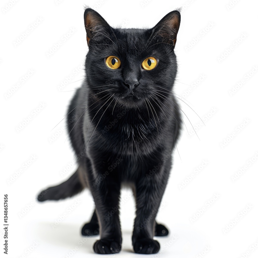 A black cat with striking yellow eyes stands confidently against a white background. A black cat with striking yellow eyes stands confidently against a white background.