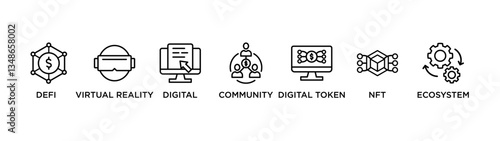 METAVERSE banner web icon vector illustration concept for product and service quality inspection with an icon of defi , virtual reality, digital, community, digital token, nft, ecosystem