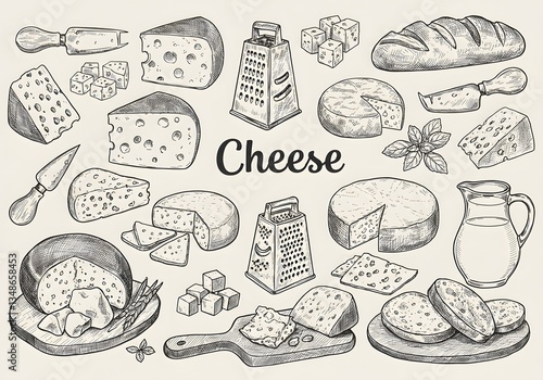 Delicious Cheese Variety: A Culinary Sketch Collection of Different Cheeses, Bread, and Milk