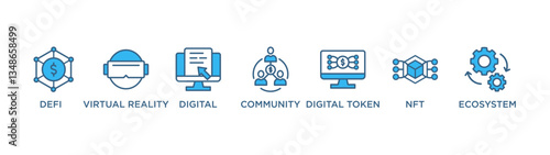 METAVERSE banner web icon vector illustration concept for product and service quality inspection with an icon of defi , virtual reality, digital, community, digital token, nft, ecosystem
