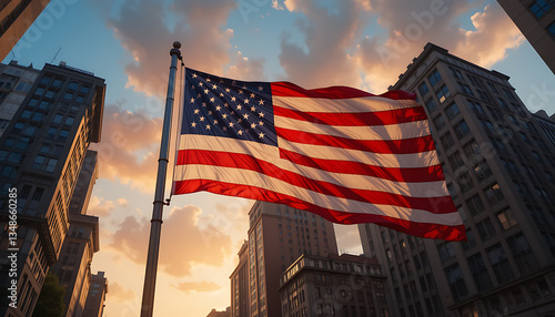 new york city skyline with american flag