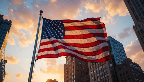 new york city sky with american flag