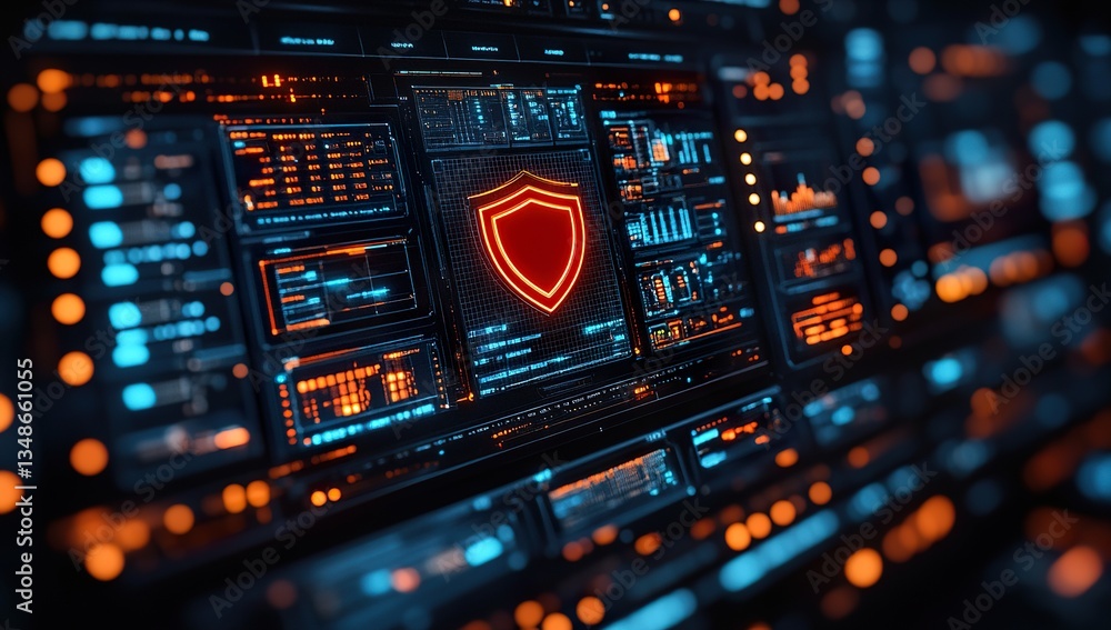 Fototapeta premium A digital security dashboard displaying data and a red shield icon, set against an abstract background of blue lights with lines representing network connections and shadows on the screen indicating 